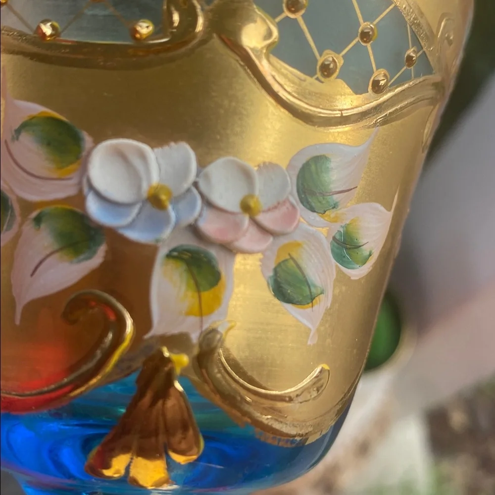 Vintage 4 Bohemian Moser Style Green Glass Heavy Gold Painted Flowers handmade5”